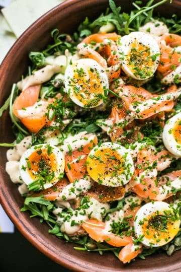 Easy salmon salad with perfect soft boiled egg and anchovy dressing